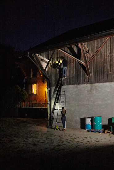a researcher checks a nest box on the outside of a building at night