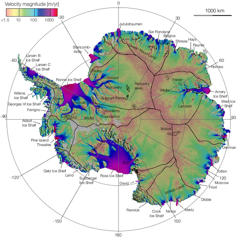 Most of Antarctica’s ice sheet is made up of slow-moving ice. This ice generally moves no more than a few meters, or tens of meters per year. But in some places there are corridors of ice that flow much more quickly. These rivers of ice, called ice streams, or glaciers, often flow hundreds of meters per year. In this map, the Antarctic Ice Sheet is color-coded according to how quickly the ice flows. The fast-flowing ice streams appear in blue or purple. Credit: Eric Rignot, NASA/JPL/UCI