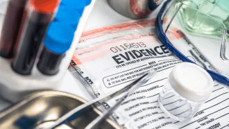 a photo of vials of blood, an evidence bag, tweezers and lab glasses on a white background