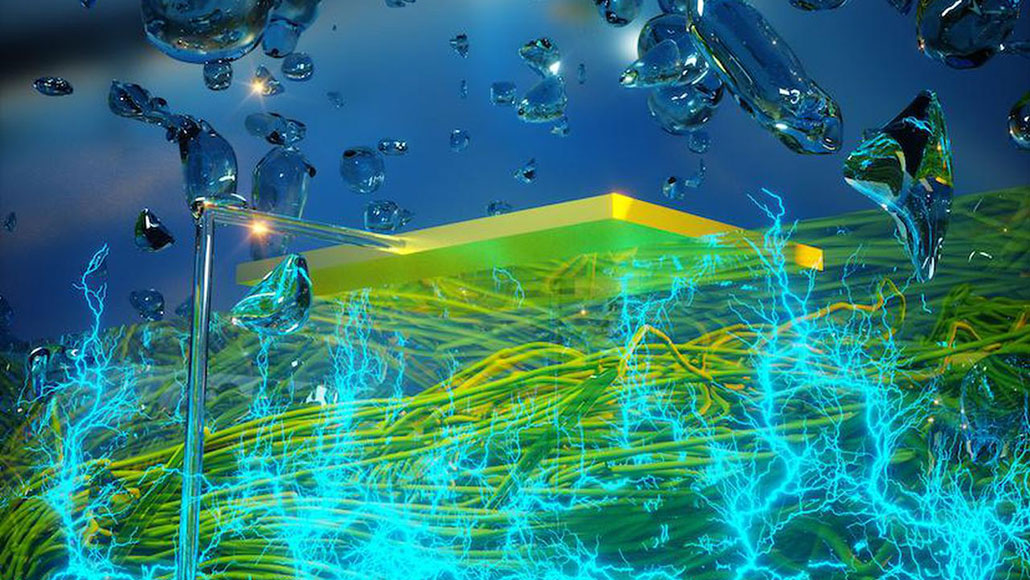 an illustration showing a device that uses nanowires and bacteria to convert water into electricity