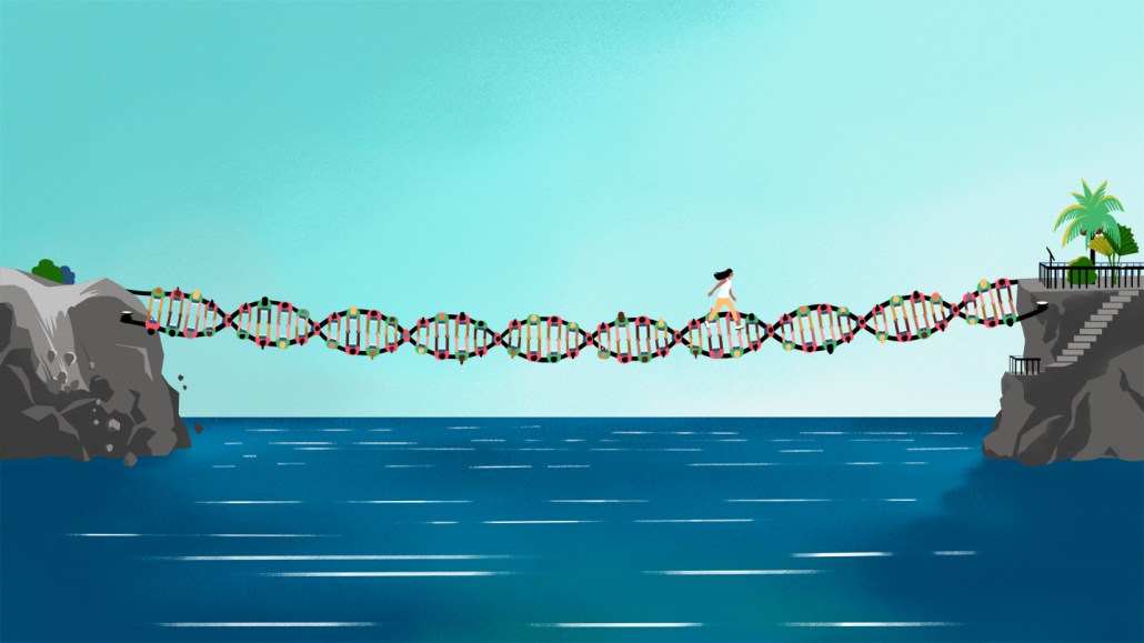 illustration of a woman walking across of a bridge of DNA