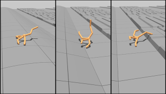 a composite image showing how a computer generated "unimal" evolved limbs to push itself across a bumpy landscape