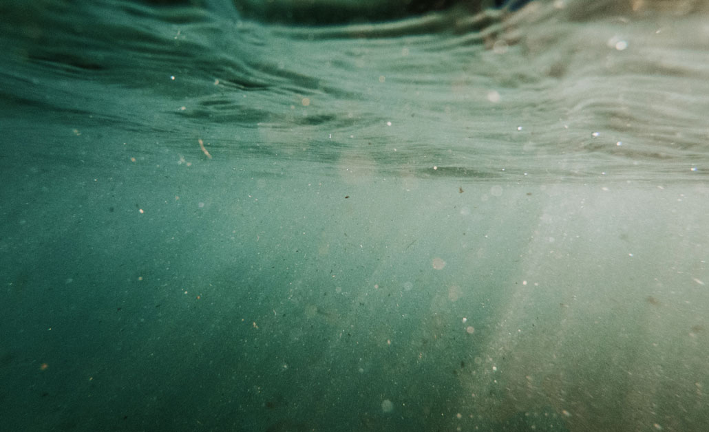 a photo of ocean water just under the surface, showing hundreds of small plastic particles suspended in the water