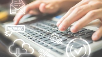 two hands type on the keyboard of a laptop, overlaid with icons representing email, downloads and websites