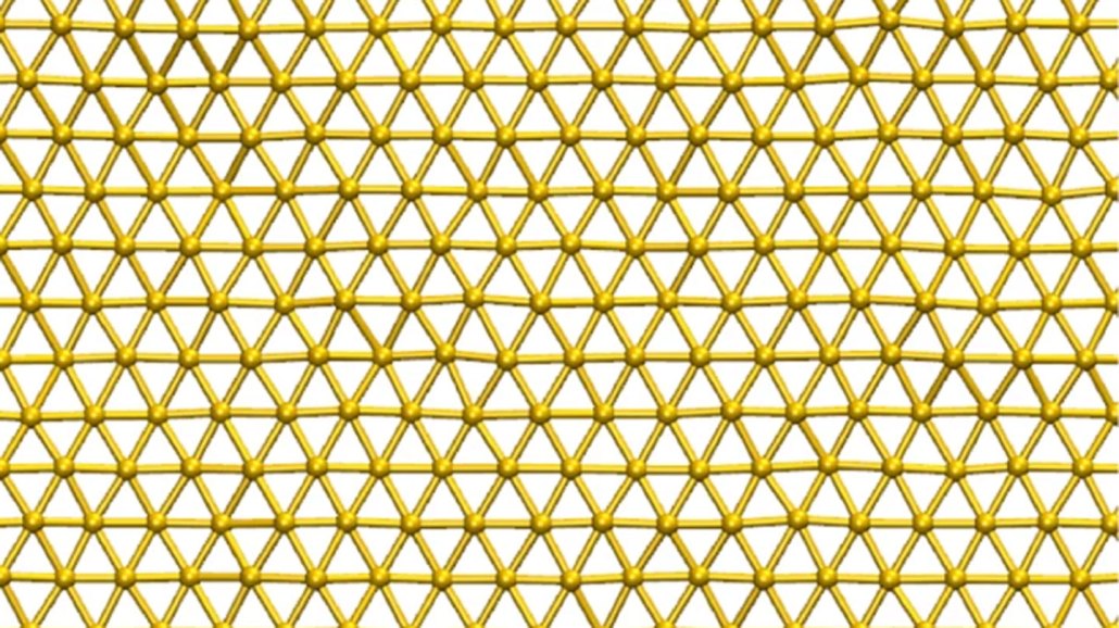 A lattice of gold-colored spheres, with each sphere connected by lines to six of its neighbors