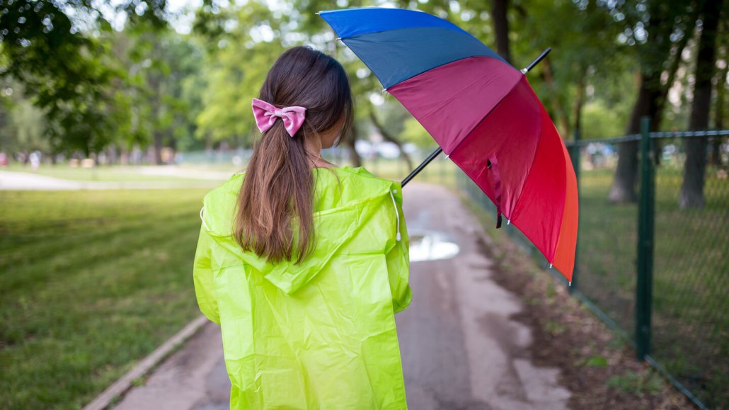 A girl in a raincoat holding an umbrella