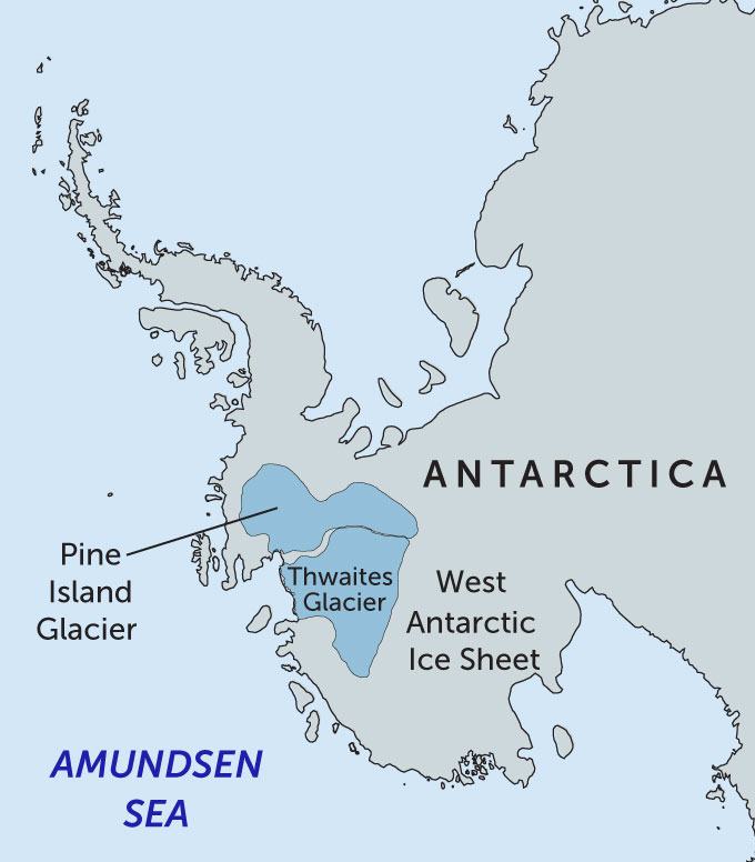 a map of Antarctica showing Thwaites and Pine Island