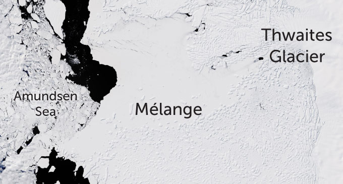 A satellite photo of white sea ice.