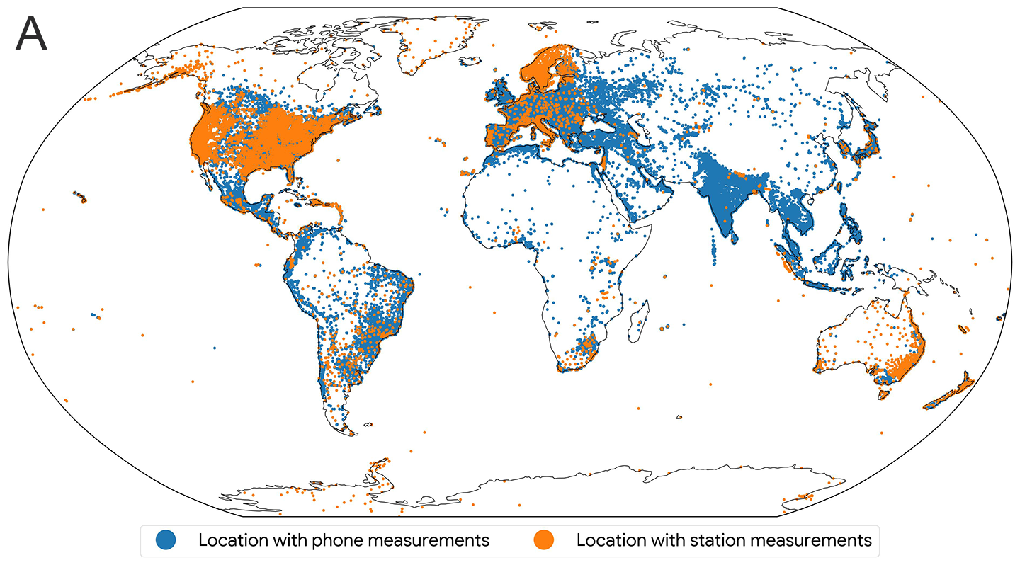 a Mercator projection of a global map showing locations used to make measurements from phones and from monitoring stations