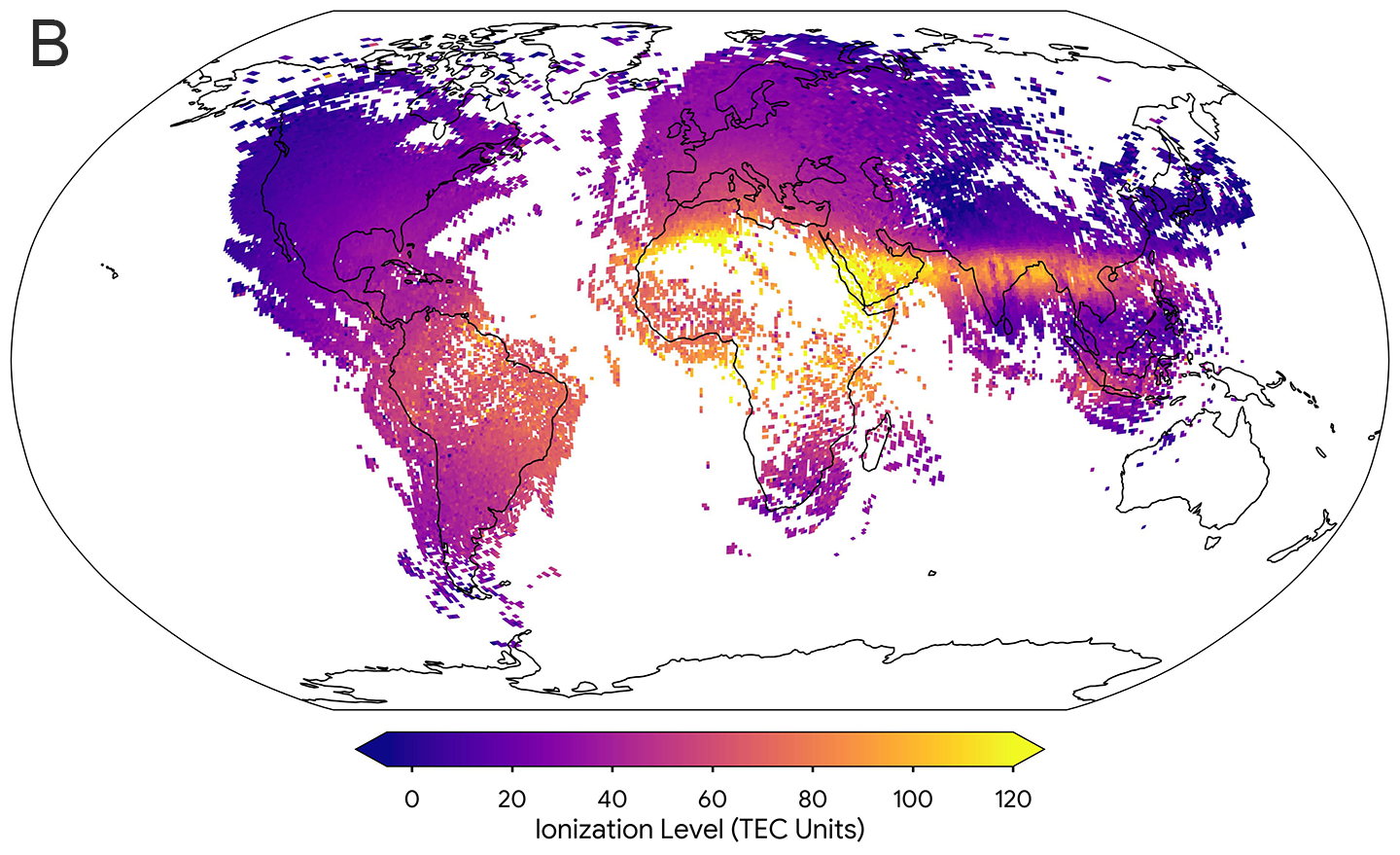 Mercator projection of a global map showing ionization levels in the ionosphere from phone data
