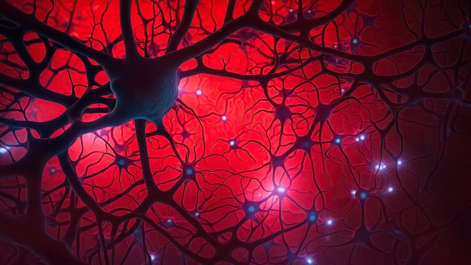 3d rendered image of Neuron cell network on black background. Interconnected neurons cells with electrical pulses. Conceptual medical image