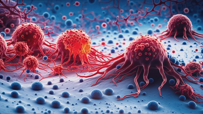 an illustration of giant red cancer cells next to small blue round normal cell blobs