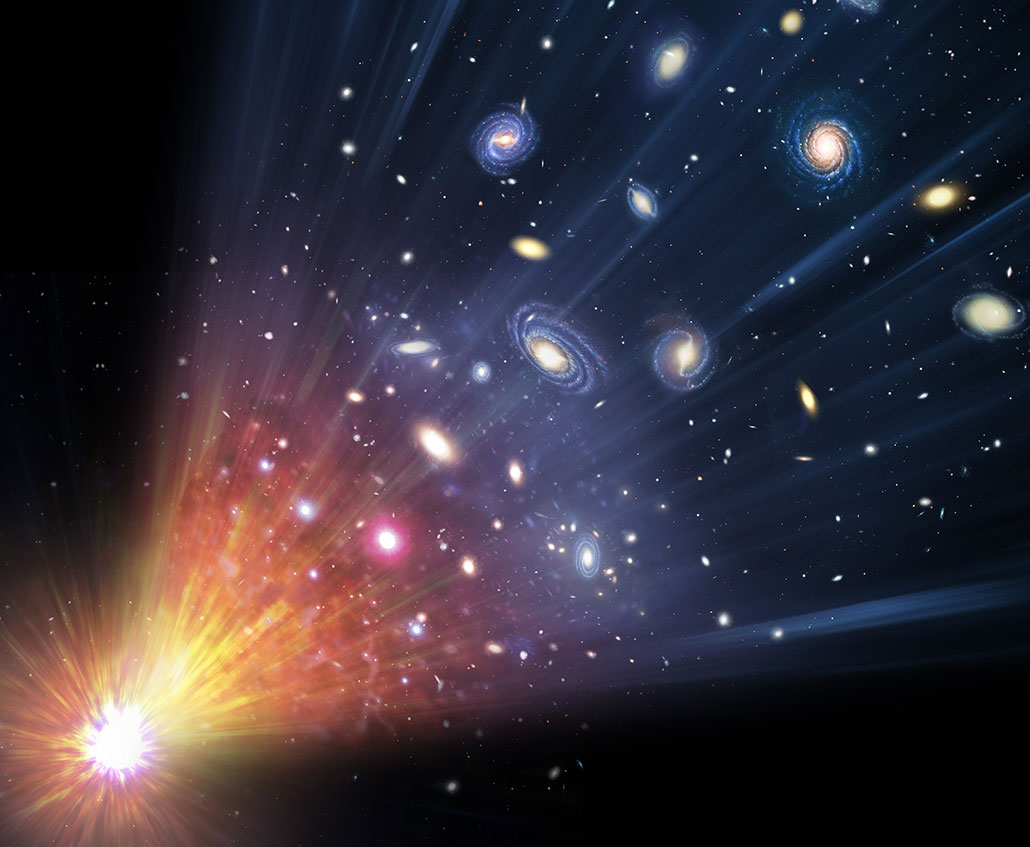 an illustration of the idea of the big bang, a bright explosion in the bottom right corner of the image expands out in a trumpet shape spewing energy, matter, stars, and galaxies into existence