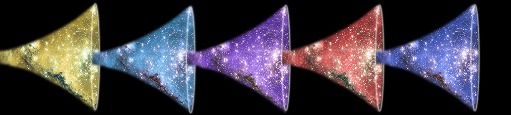 a series of different colored funnels representing a universe expanding then contracting then expanding over and over again