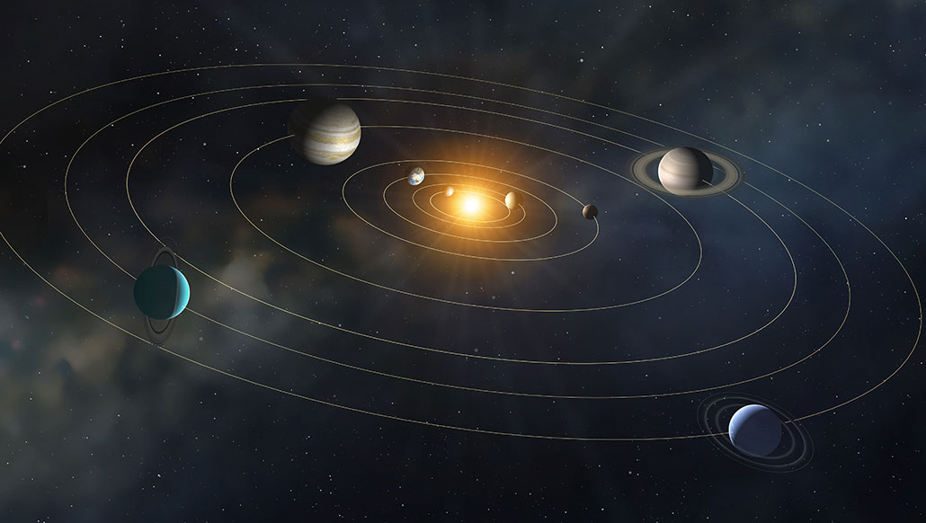a computer illustrationshowing our solar system, with planets orbiting the sun