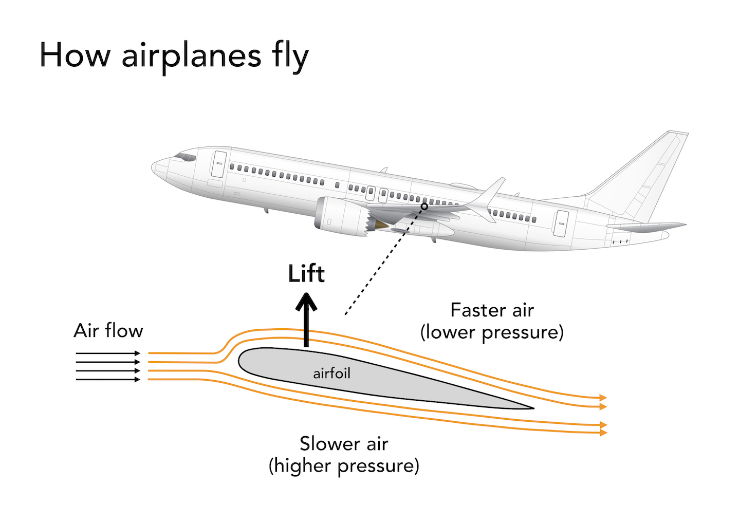 Infographic explaining how airplanes generate lift and fly
