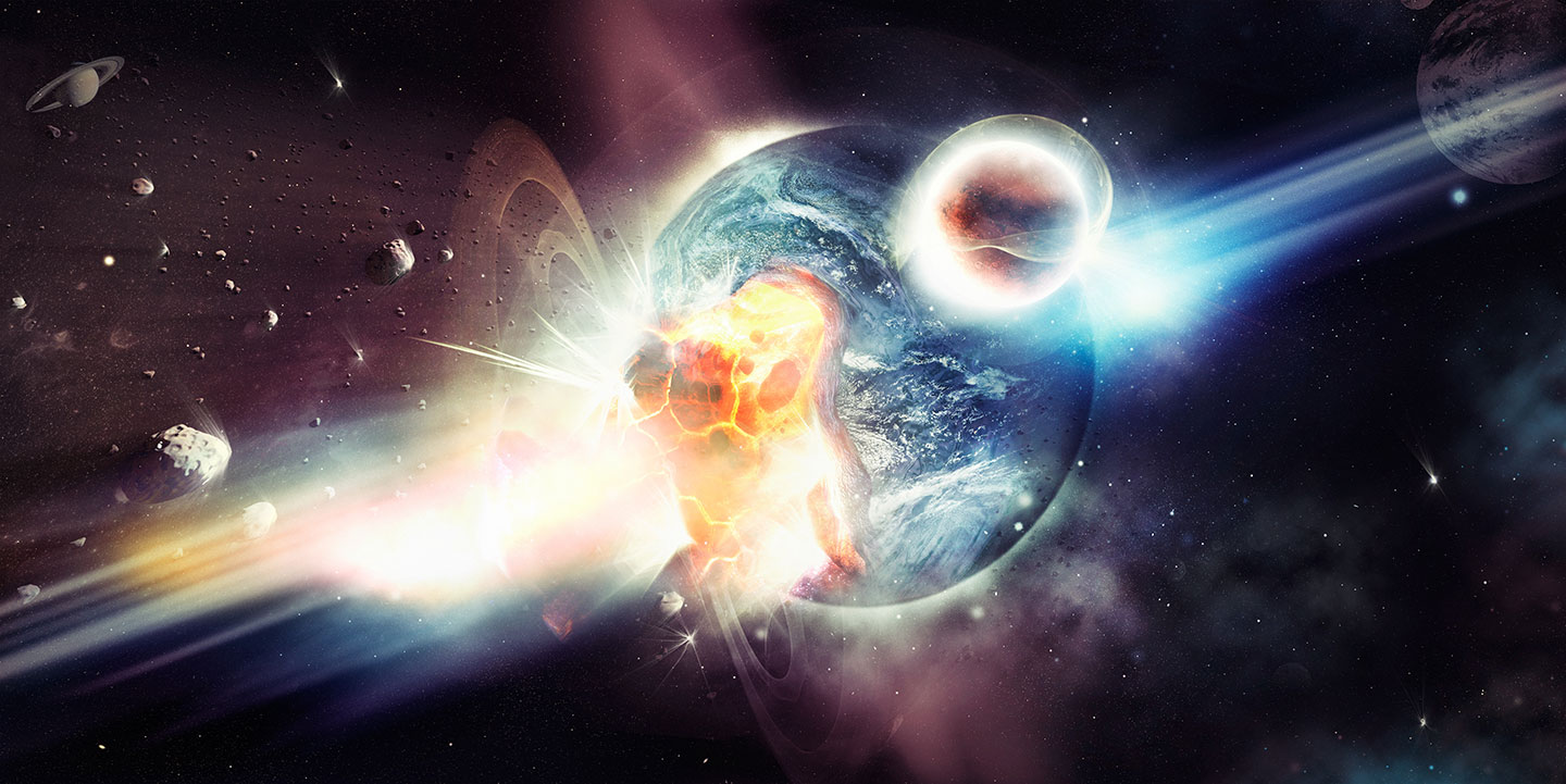 an illustration of an earthlike planet being smashed by other large planetary sized objects