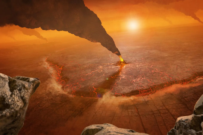 An illustration of Venus' surface with a volcano emitting smoke.