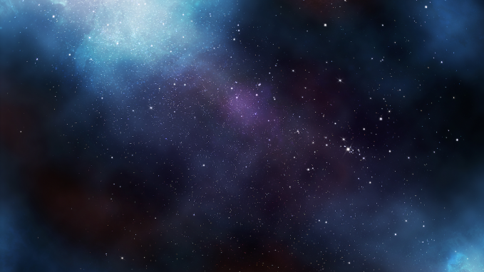 a haze of bluish purple light illuminates the dusty, dark void of interstellar space