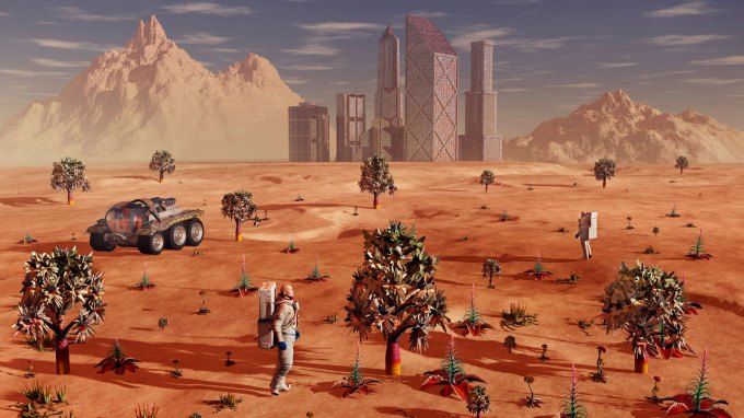 An illustration shows a vehicle driving along Mars' surface. Trees grow in the forefront as a city looms in the background.