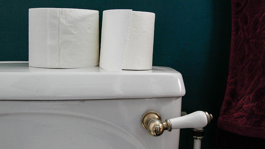 two rolls of toilet paper on the top of the water tank of a toilet, a fancy flush handles is also visible