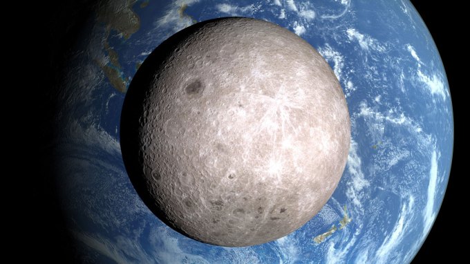 A composite image showing Earth's moon, from the far side, in front of Earth