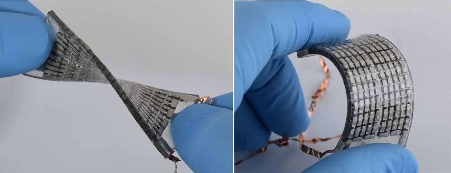 a composite image showing a the stretchy, bendy, electrical generators being twisted and smushed