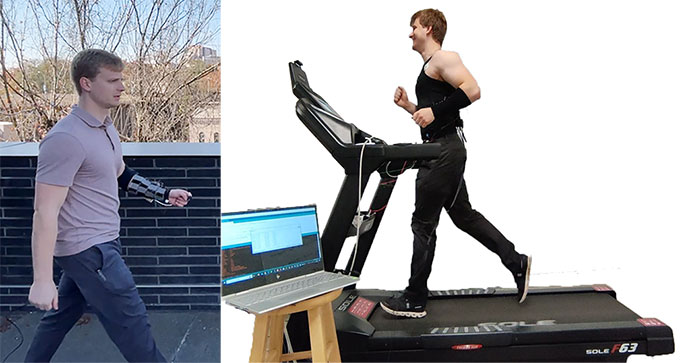 a composite image showing Mason Zadan, a white male, walking outside wearing an armband on his forearm and running on a treadmil while wearing the armband