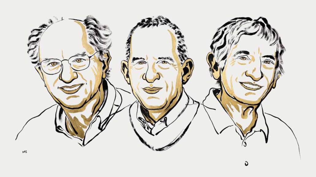 An illustration shows three men, John Clarke, Michel Devoret and John Martinis, who collectively won the 2025 Nobel Prize in physics for demonstrating quantum effects in an electric circuit.