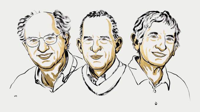 An illustration shows three men, John Clarke, Michel Devoret and John Martinis, who collectively won the 2025 Nobel Prize in physics for demonstrating quantum effects in an electric circuit.