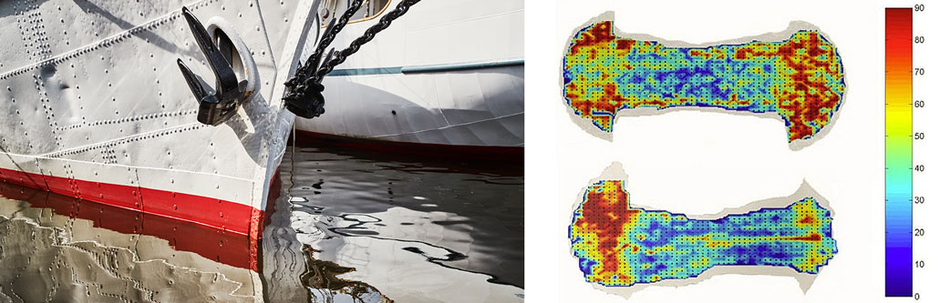 a composite photo showing rivets on a boat hull and the analysis of rivets from the TItanic showing impurities in th emetal