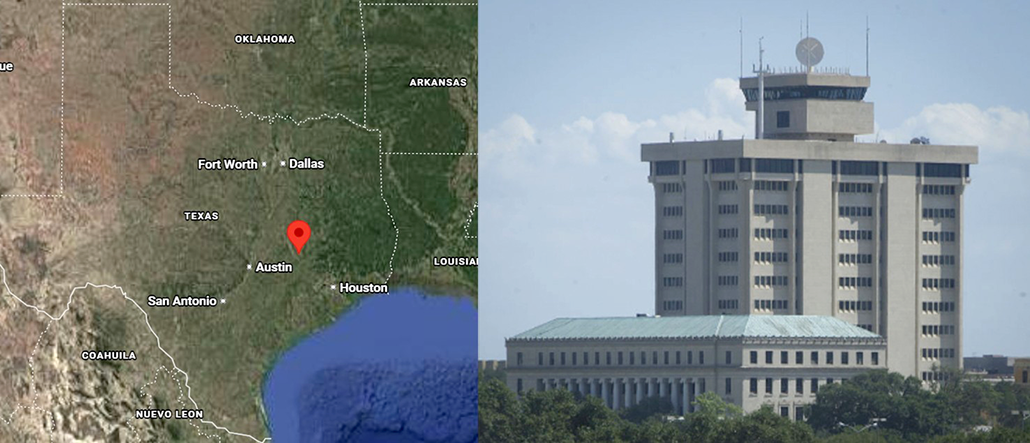 a composite image, on the left is a map showing the location of Texas A&M University in relation to several cities, and on the rgiht is the tower at the university used while sampling air during a heat wave