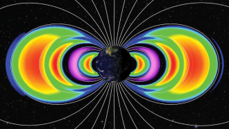 a set of crescent-shaped rings of different colors encircle earth