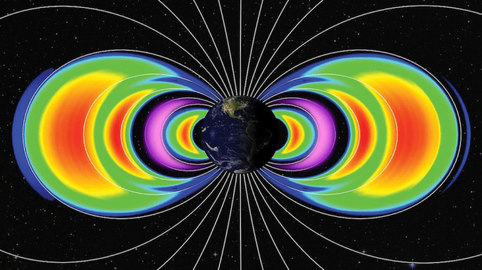 a set of crescent-shaped rings of different colors encircle earth